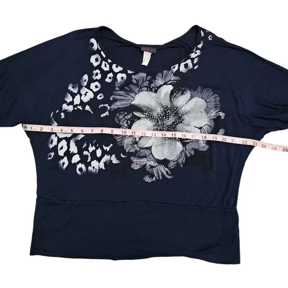 Agenda Womens XL Navy Blue Rhinestone Floral Cheetah Print Dolman Top Blouse Y2K - Picture 6 of 7